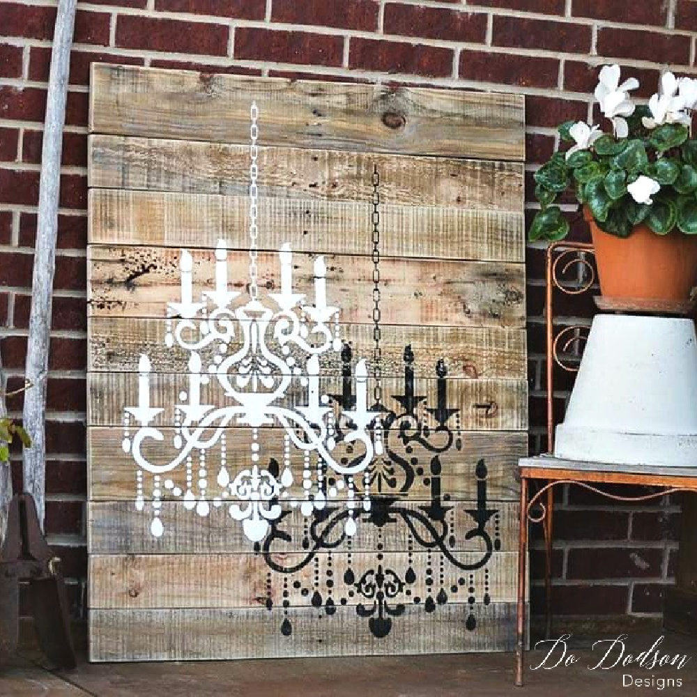 Chandelier Stencil On Wood Pallet