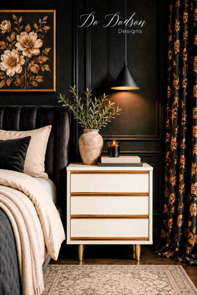 DIY painted nightstand with a rustic faux plank wood top and gold accents styled beside a bed against a dramatic black paneled wall. The nightstand is decorated with a textured ceramic vase, olive branches, a ribbed glass candle, and neutral decorative bowls for a moody modern farmhouse bedroom.
