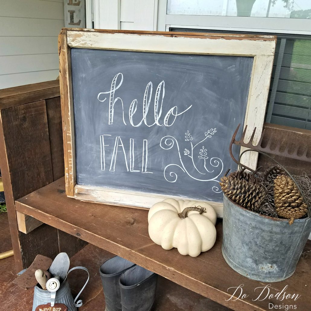 I LOVE how this chalkboard window turned out for my front porch fall decor. 