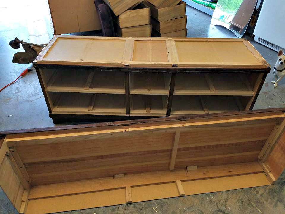 Try this! Remove the top of a wood dresser and make a shorter bench version.