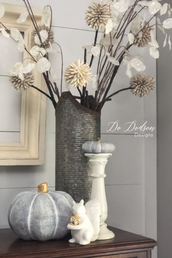 Not all Dollar Tree pumpkins were born to be orange. Neutral Fall Pumpkin Decor with a faux concrete finish.