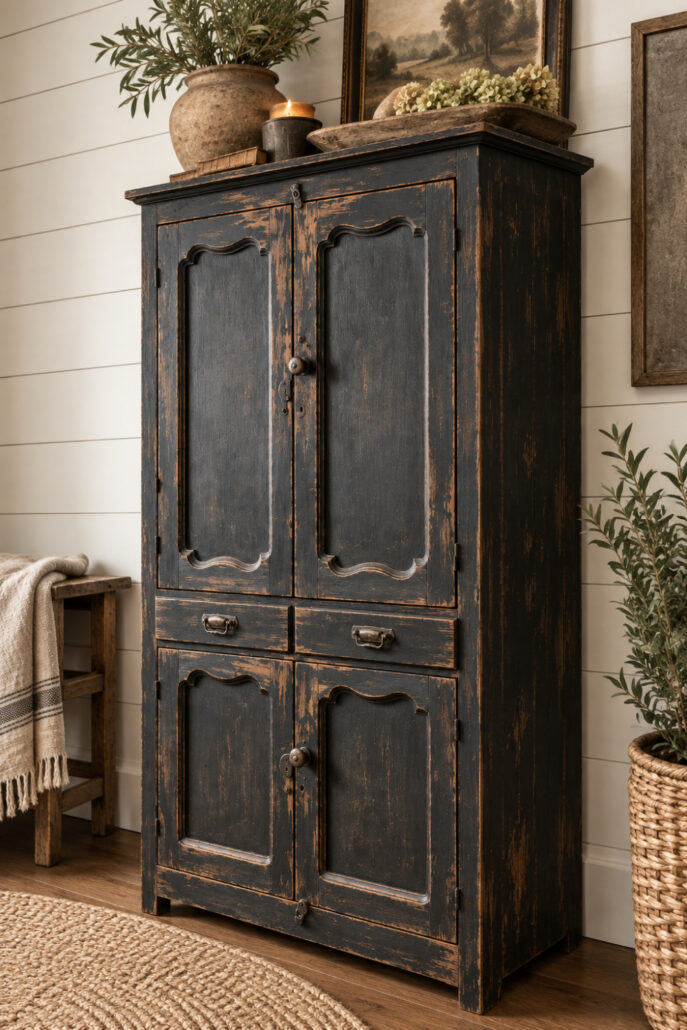 Primitive farmhouse cabinet makeover with distressed black finish against a white shiplap wall
