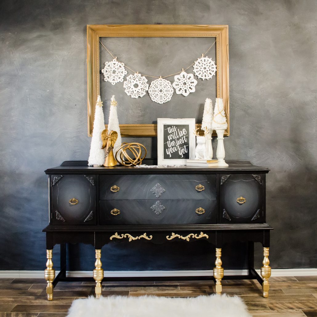 How to paint black furniture with a touch of gold leaf for a holiday GLAM look.