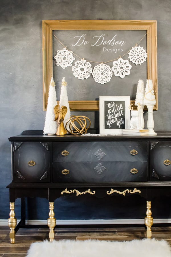 Add gold leaf on furniture for a sensational holiday glam look.