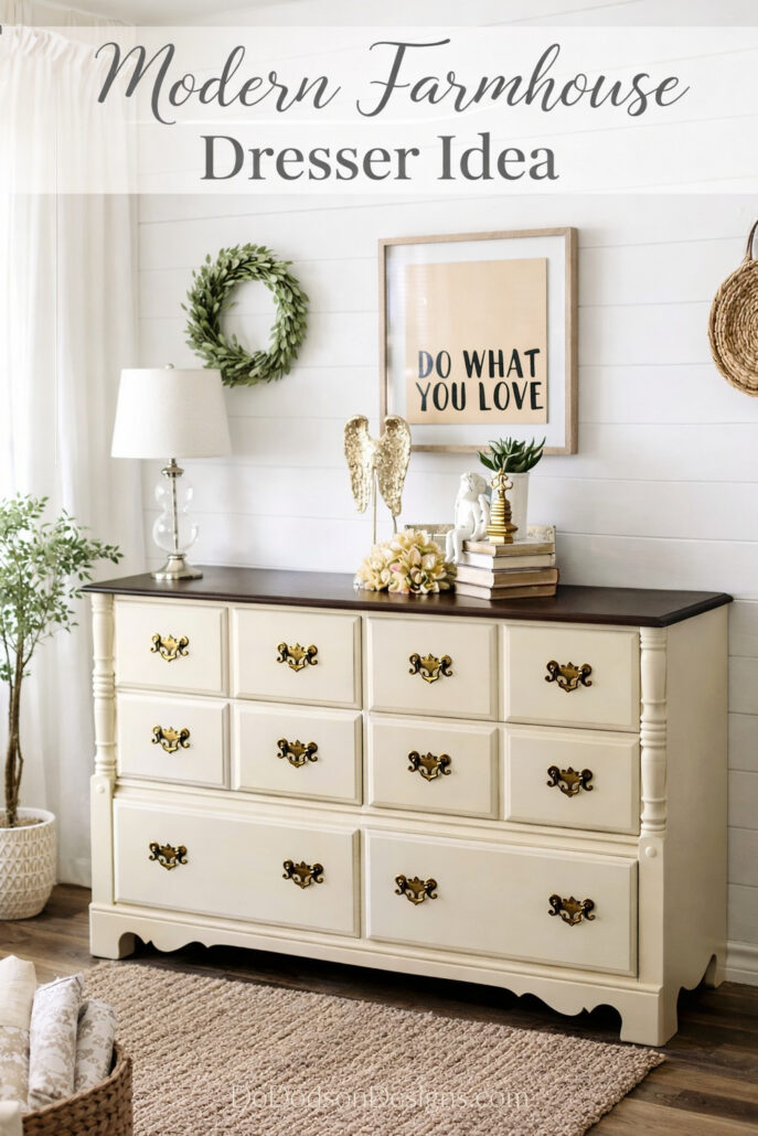 Cream painted dresser with dark stained wood top styled in a bright modern farmhouse room with shiplap walls, greenery, and neutral decor.