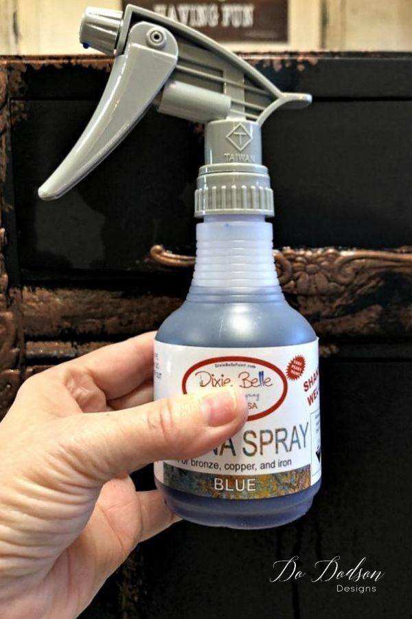 This spray comes in two colors. Green and blue and each one creates a different look when sprayed over patina paint.