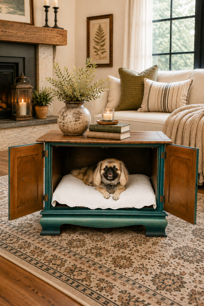 Teal painted coffee table makeover with open cabinet doors revealing a cozy dog bed inside, styled in a warm modern farmhouse living room.