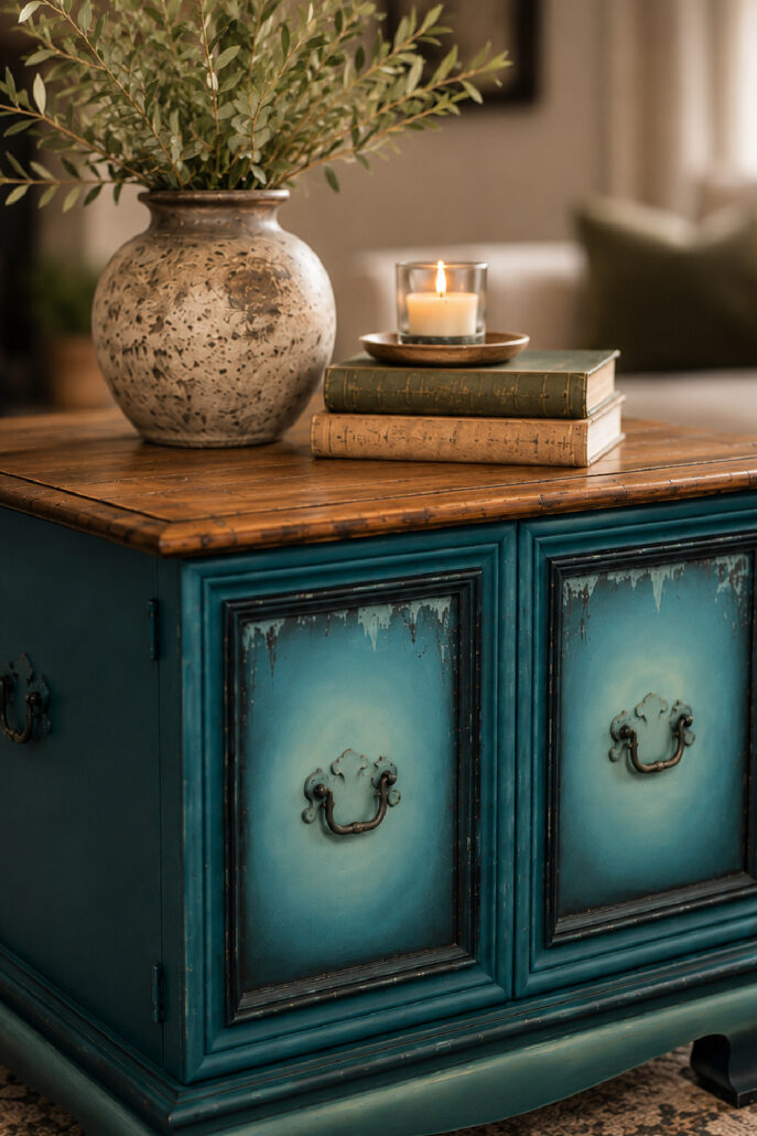 Teal painted furniture makeover featuring custom-mixed teal and mint green paint colors with a natural wood top in a modern farmhouse living room.