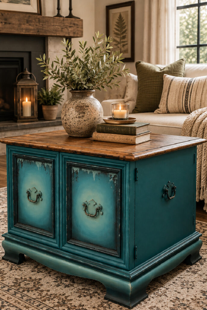 Teal painted furniture makeover featuring custom-mixed teal and mint green paint colors with a natural wood top in a modern farmhouse living room.