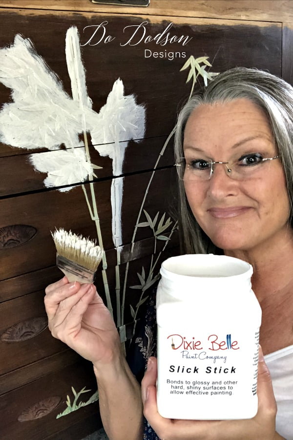 I applied slick stick which is a bonding primer over the mother of pearl furniture inlay. This allowed my paint to bond properly that allowed me to create a unique look on this piece. You gotta see it! #furnitureartist #dododsondesigns #paintedfurniture #furnituremakeover #diyproject #diyhomedecor #motherofpearl