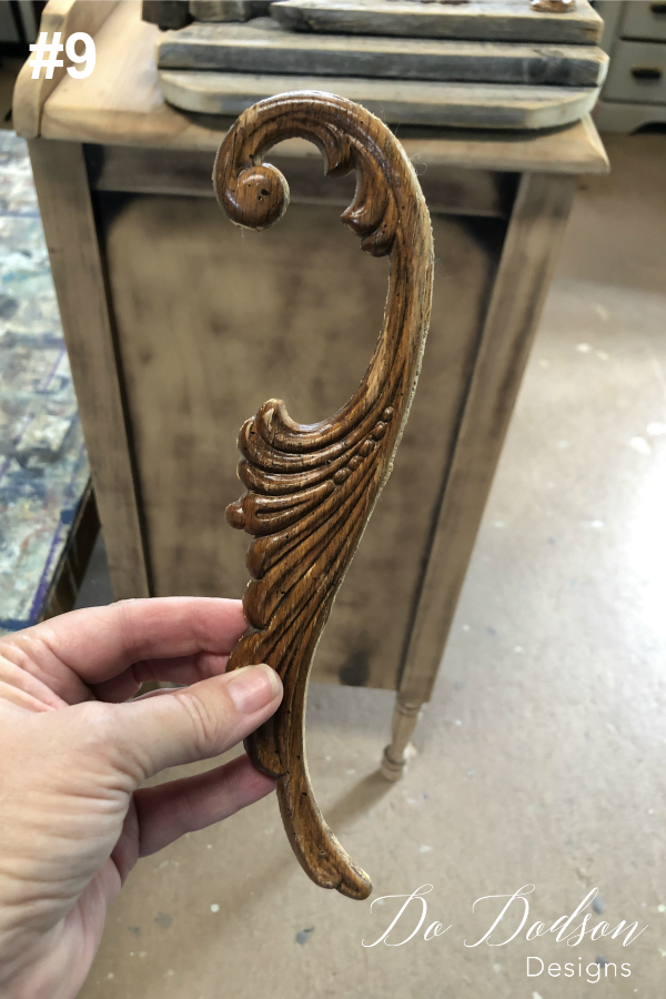 #9 The last step in making DIY wood pumpkins is to find something decorative that you can glue to the pumpkins. I had the these wooden appliques that I saved from another furniture project and these will really dress them up.