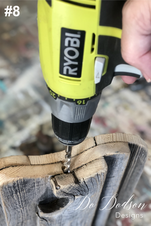 The #8 step in making DIY wood pumpkins is to drill a hole for the stem.