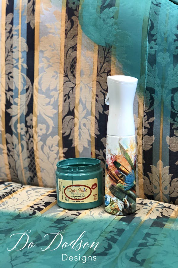 Before painting fabric furniture, it's best to dampen the fabric to open up the fibers so that that paint will soak in.