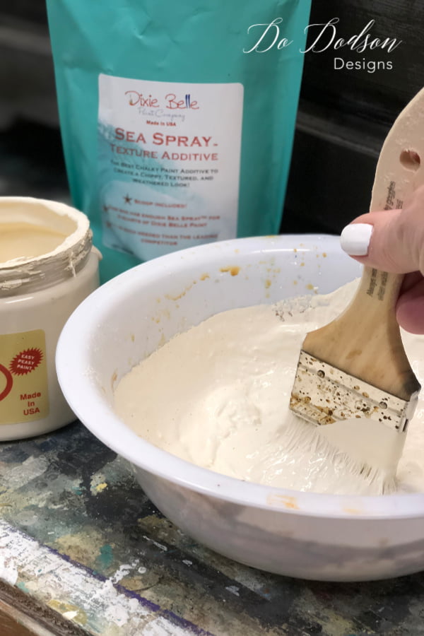 Sea Spray texture additive was added to the Buttercream chalk mineral paint to create a layered paint finish.