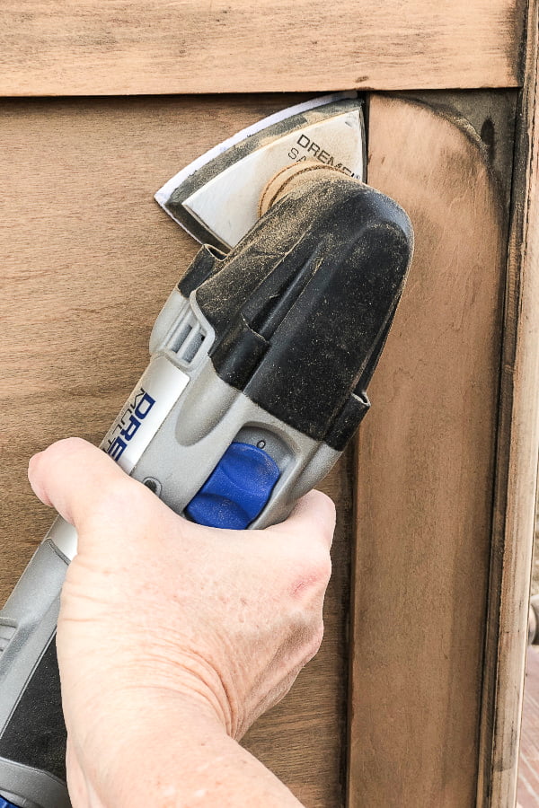 I used my Dremel tool with a sanding attachment to get in the corners where my orbital sander missed. The raw wood furniture finish on this piece will be a show stopper for sure!