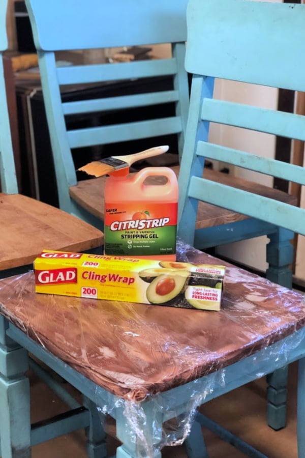 Before painting the base of these farm table chairs, I removed the old vanish with Citri-Strip.