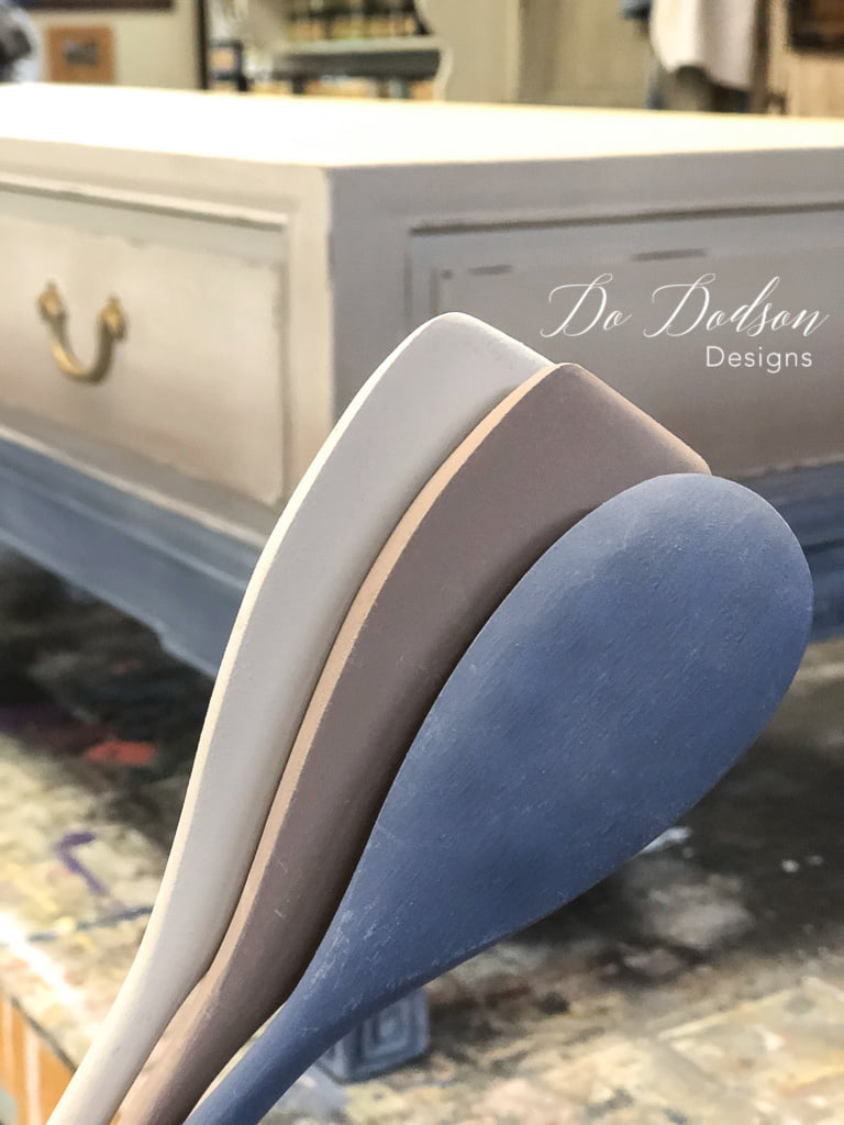 Three color challenge! Pick 3 colors that complement each other and just go with it. I created this beautiful faded denim painted look on an vintage bench. SO FUN!