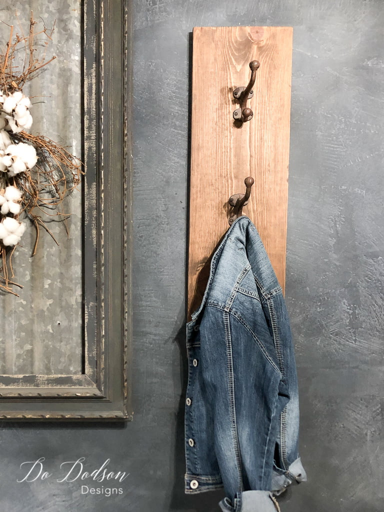 I made aquick and easy wall coat hanger with just one board! My space was small and I only needed just a couple of hooks. This was the perfect solution.