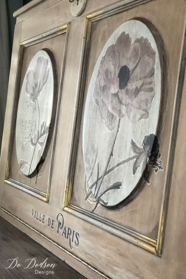 Adding decor transfers over whitewash on this vintage desk was a total win!
