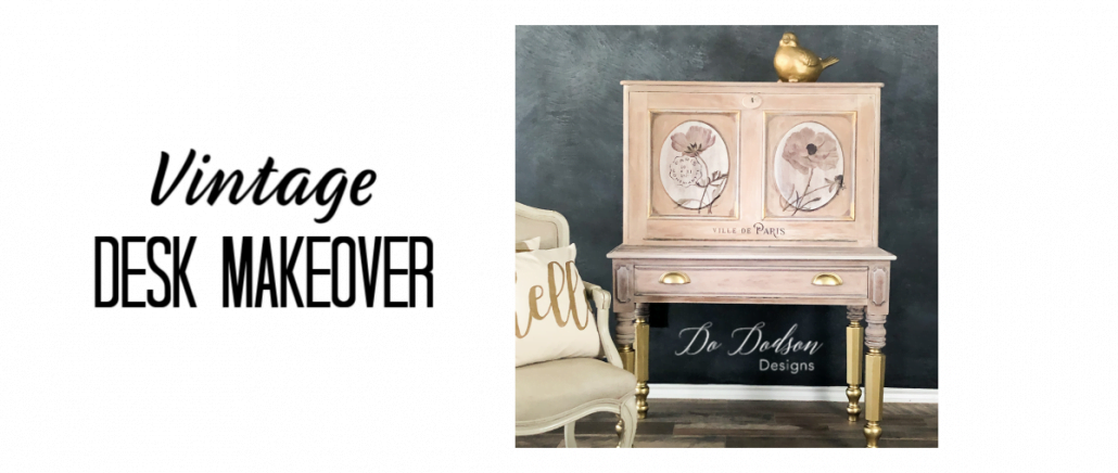 Transform your vintage desk into a work of art by using chalk mineral paint, decor transfers, and GOLD leaf spray paint to add amazing details!