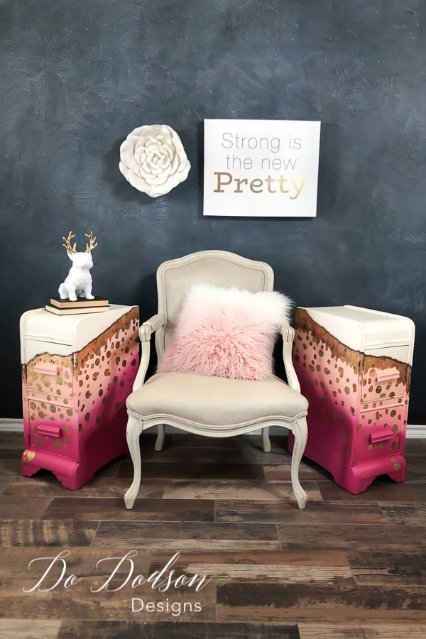 Whimsical pink painted nightstands with a copper and gold leaf twist.