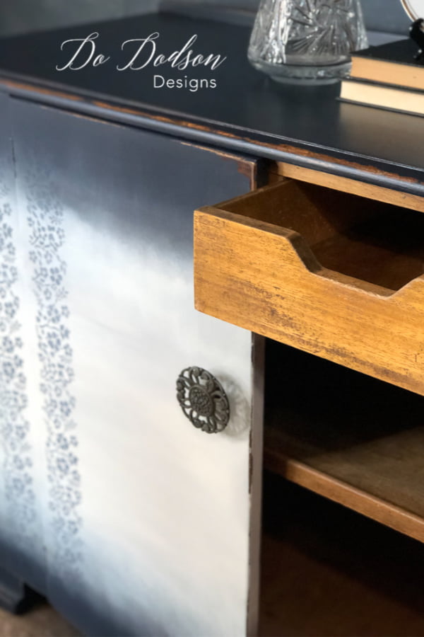 Dding this stencil to this antique buffet was just the right look I was going for.