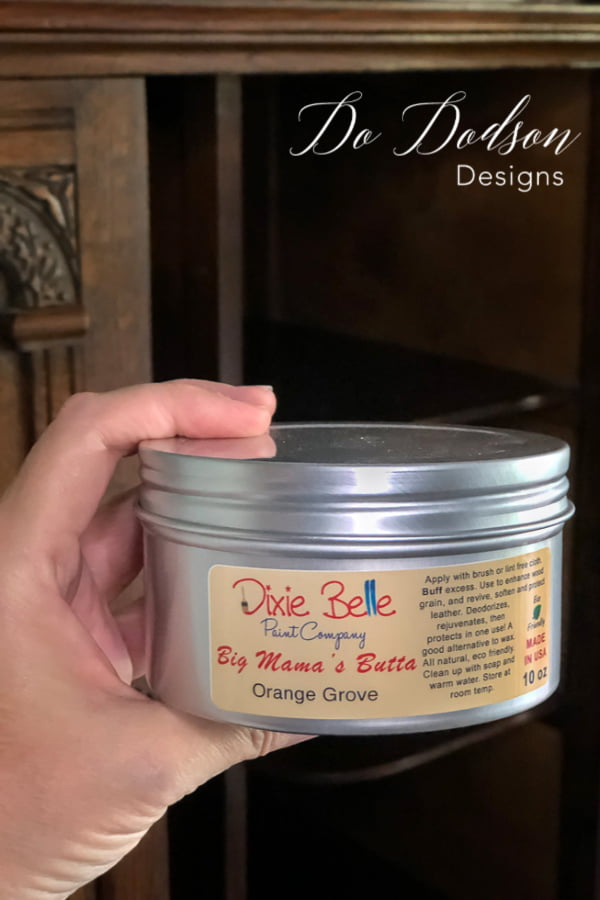 Gor stinky, musty wood furniture? And after cleaning the wood, I grab Big Mama's Butta! I love saying that. This one smells like oranges, but it also comes in unscented. Not only is it a deodorizer, but it also rejuvenates, enhances the wood grain, and protects in one use.