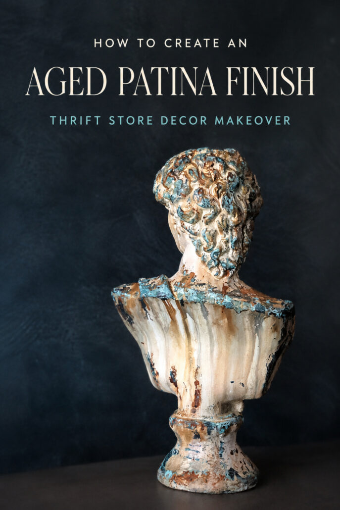 Thrifted Bust of David with a layered aged patina finish in cream, bronze, rust, turquoise, and metallic gold.