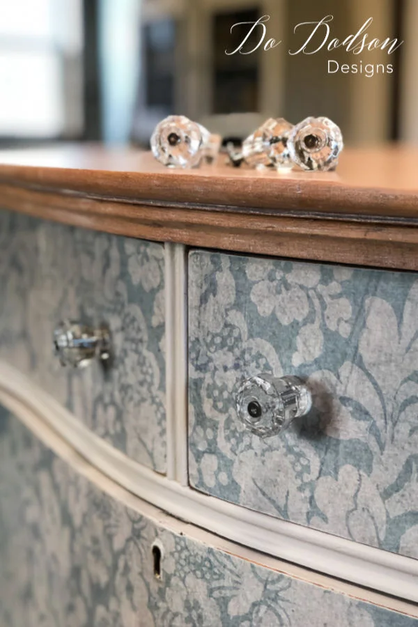 Depression glass knobs were the perfect compliment to this vintage dresser makeover. 