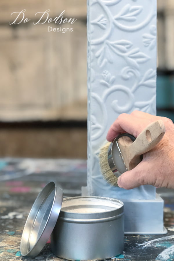 Adding wax to my upcycled home decor project sealed the chalky type paint for durability and gave it a soft buffed look.
