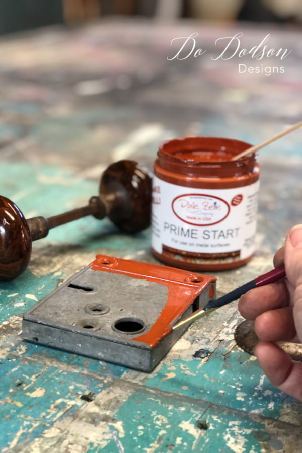 Apply one coat of Prime Start over any clean metal hardware before adding the patina paint and allow it to dry. I couldn't leave out the vintage hardware! It needed an aged look too. Be sure that you don't skip this step.