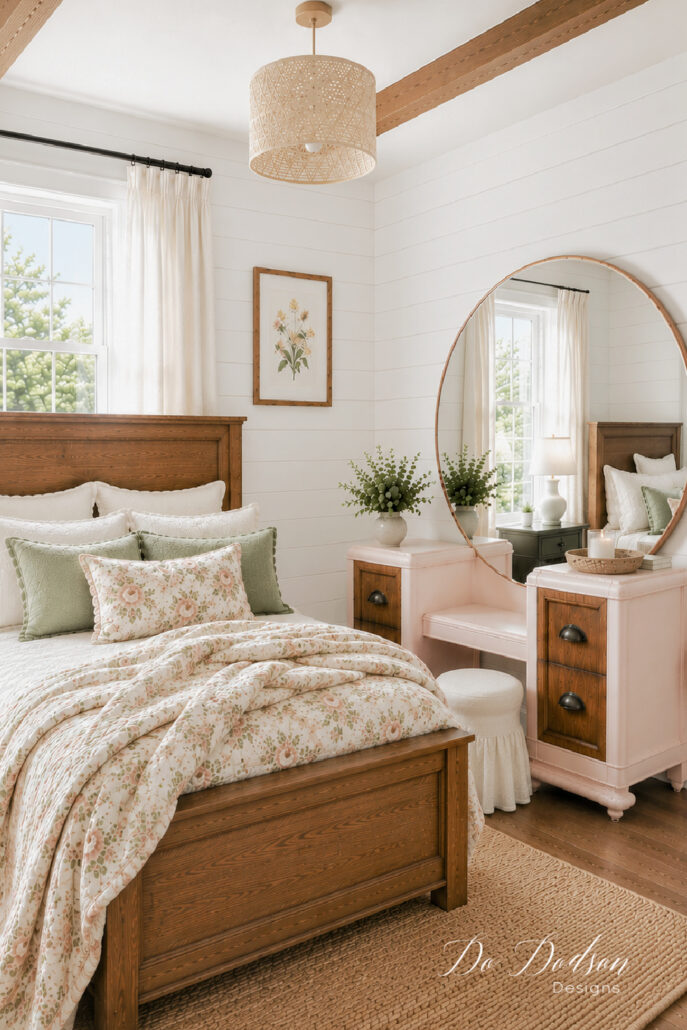 Bright farmhouse bedroom featuring a DIY pink vanity dresser makeover with warm wood drawer fronts, white shiplap walls, floral bedding, solid wood bed frame, cream curtains, and soft natural daylight for a cozy cottage-style aesthetic.