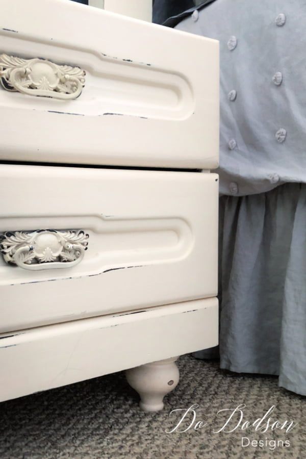 After you add legs to wood furniture, you have to paint it! The nightstands were painted 2 coats of Butter Cream chalk mineral paint with a mild distressing of the paint to give it that aged worn look.