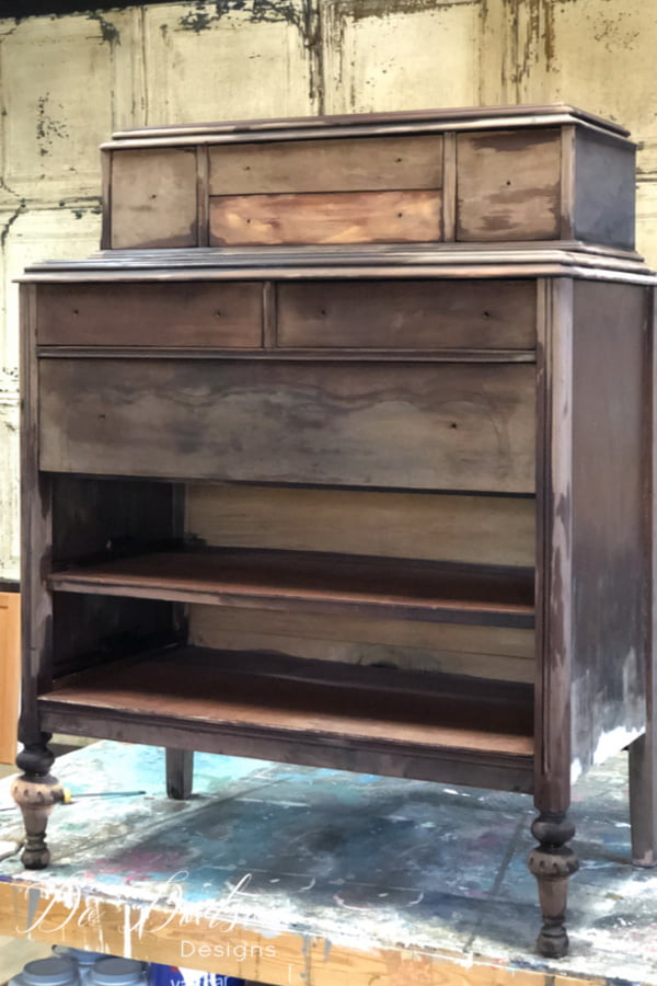 And like magic... over a few hours, you will see the raw wood start to darken and even give off a rusty gray appearance. The perfect aged background for a restoration hardware finish.