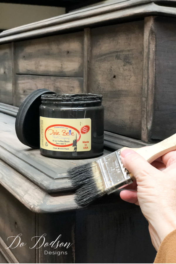 The next step is to add subtle colors of chalk mineral paint with a dry brushing technique using Driftwood, Hurricane Gray, and Coffee Bean to create a beautiful Restoration hardware finish.