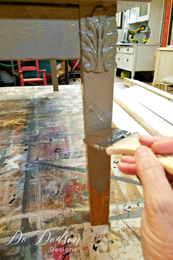 For this table, I wanted a rustic, vintage look with a french whimsy. The first color of chalk mineral paint was applied with a stippling technique. Stippling is a rough application with the edge of the bristles only. Not smooth at all. I wanted a lot of texture for this project.