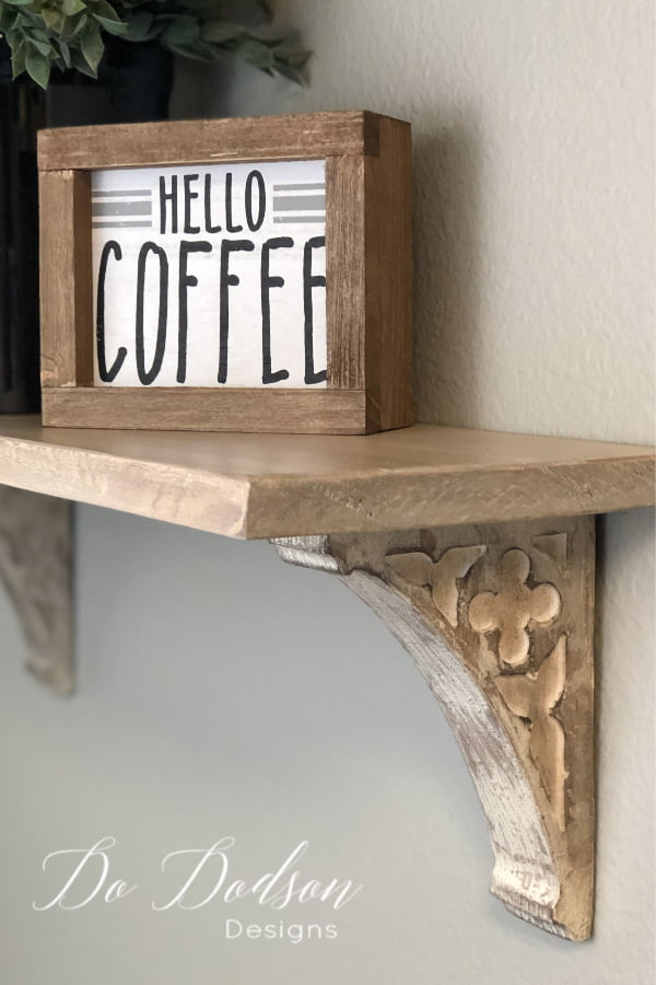 I LOVE how my mini corbel shelf turned out. It's perfect over my coffee bar to display my pretty me decor.