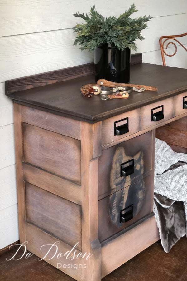 I love the way this photo adds so much to this vintage washstand. I replaced the pulls with these modern card catalog handles. Perfect for my office.
