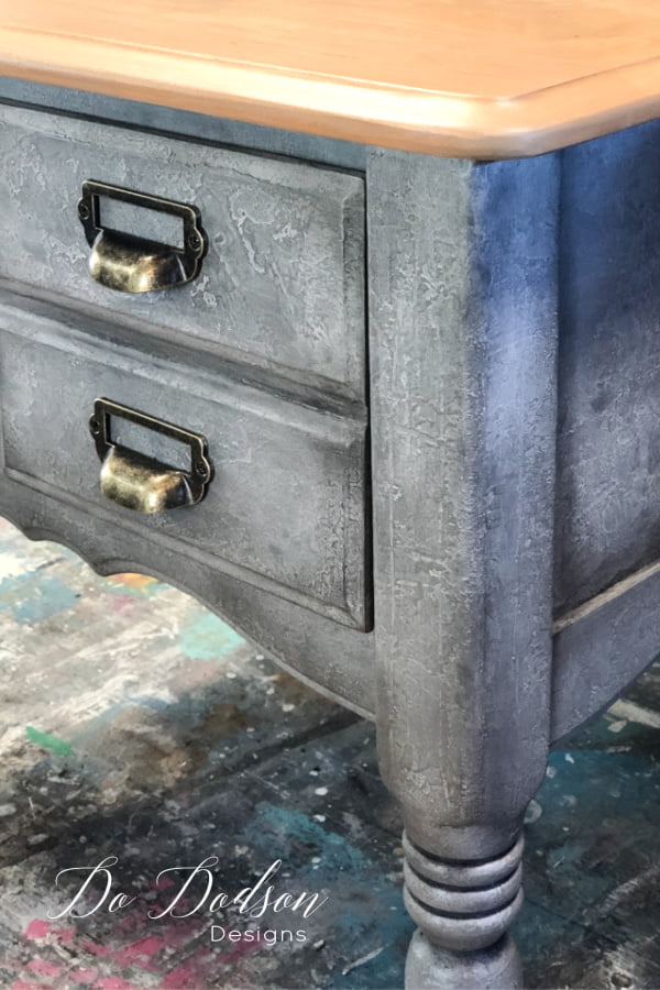 The end results of a layered paint technique for furniture using a texture medium.