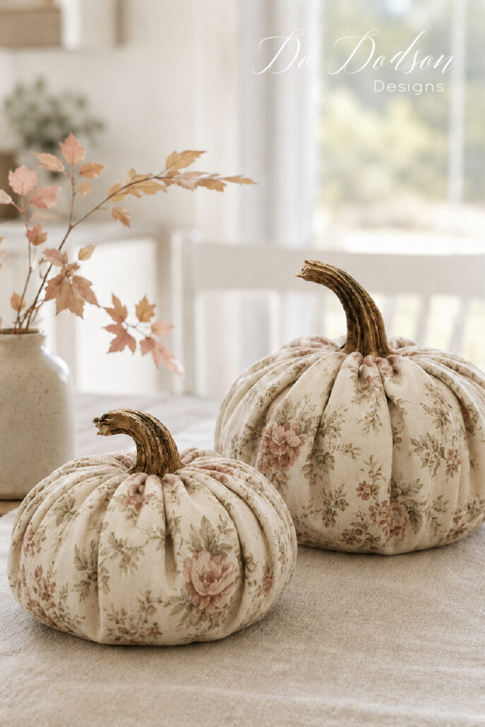DIY no-sew floral fabric pumpkins with visible overlapping pleats and real dried stems displayed on a farmhouse table.