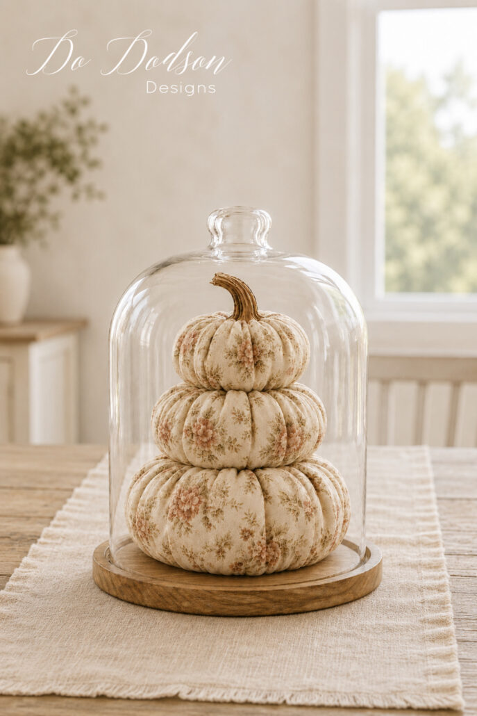Three floral fabric pumpkins stacked under a glass cloche with a wooden base on a farmhouse dining table.