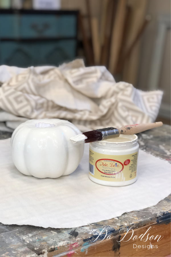 Chalk Mineral Paint covered this Dollar Tree Pumpkin well with one coat.
