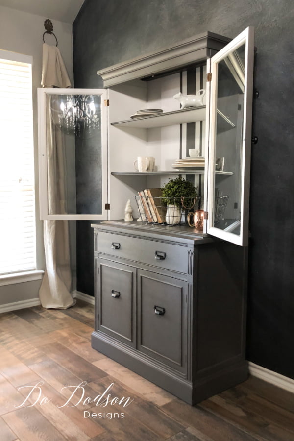 It turned out amazing! I'm so glad I chose to paint gray and white grain sack stripes inside this hutch.