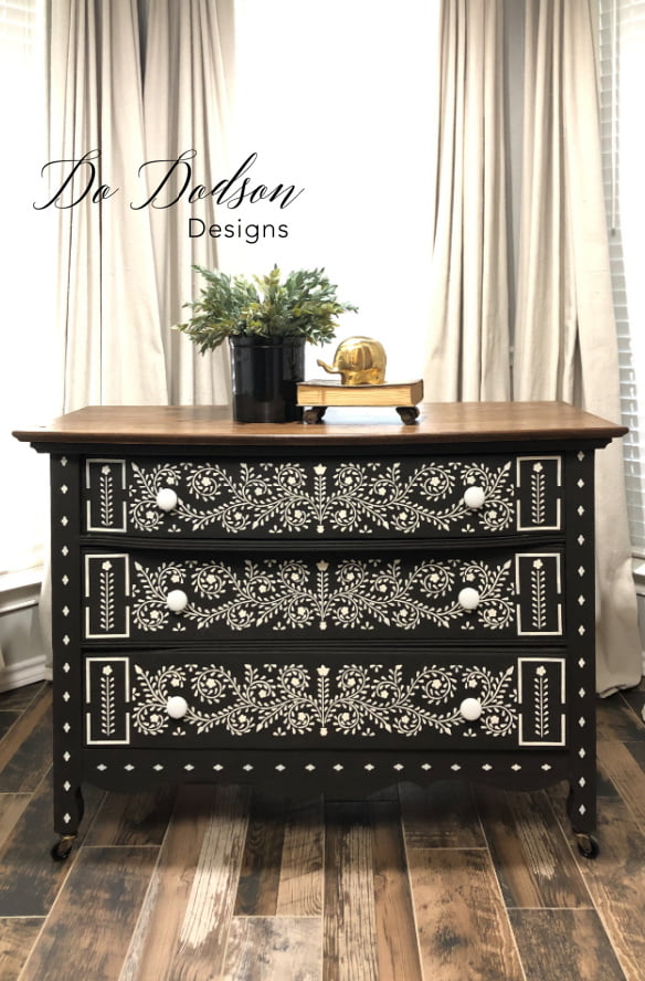 Save yourself $$$$ by creating your own DIY faux bone inlay dresser. I did this one with a stencil. Now it's a gorgeous statement piece.