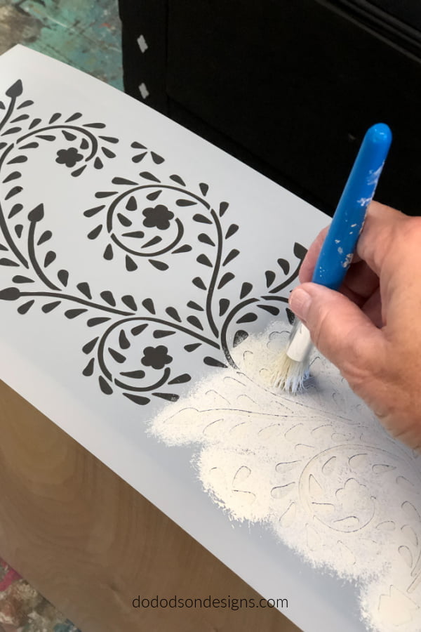 Use a good stencil brush with minimal paint for the best results on the Raja Bone Inlay Stencil.