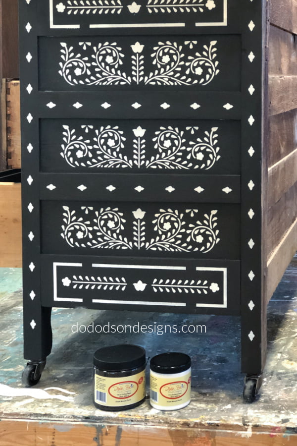 I use chalk mineral paint for my stenciling projects. This DIY Bone Inlay dresser looks amazing and so authentic.