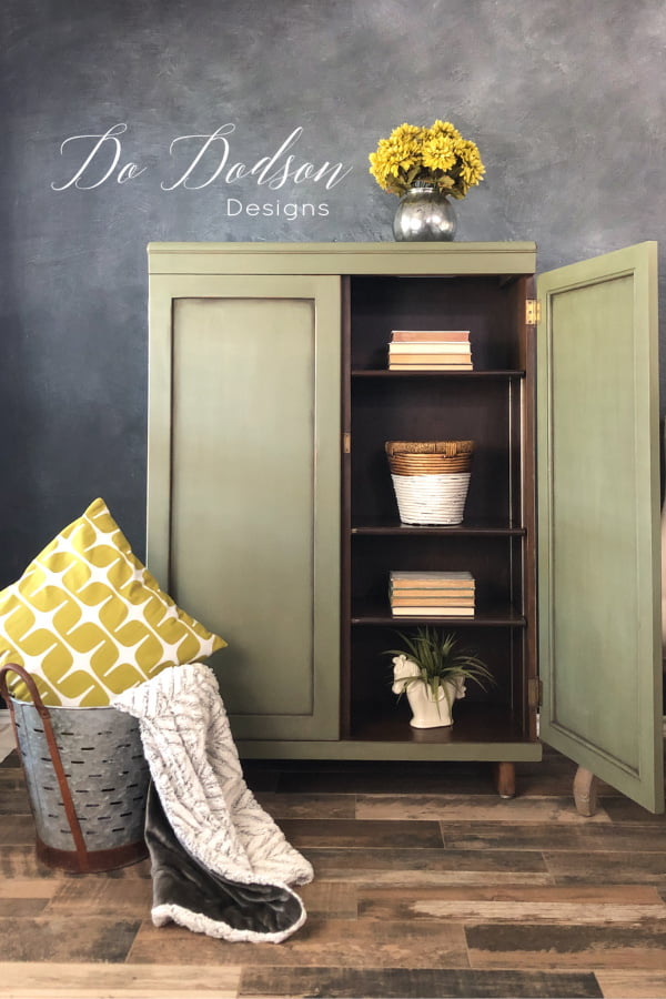 This olive green chalk paint on this cabinet looks gorgeous paired with the chartreuse accents.