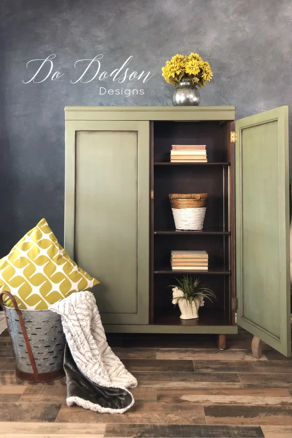 This olive green chalk paint on this cabinet looks gorgeous paired with the chartreuse accents.