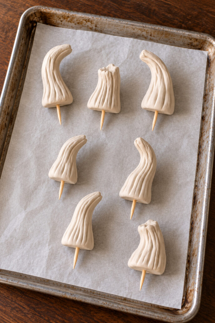 Handmade clay pumpkin stems cooling on a parchment-lined baking sheet before painting