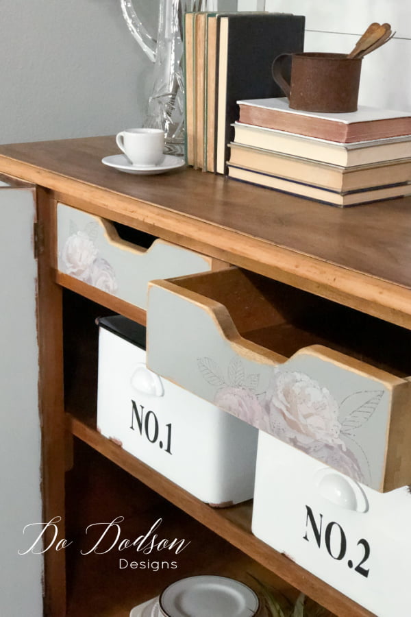 The inside drawers got a makeover too with chalk mineral paint and furniture transfers.